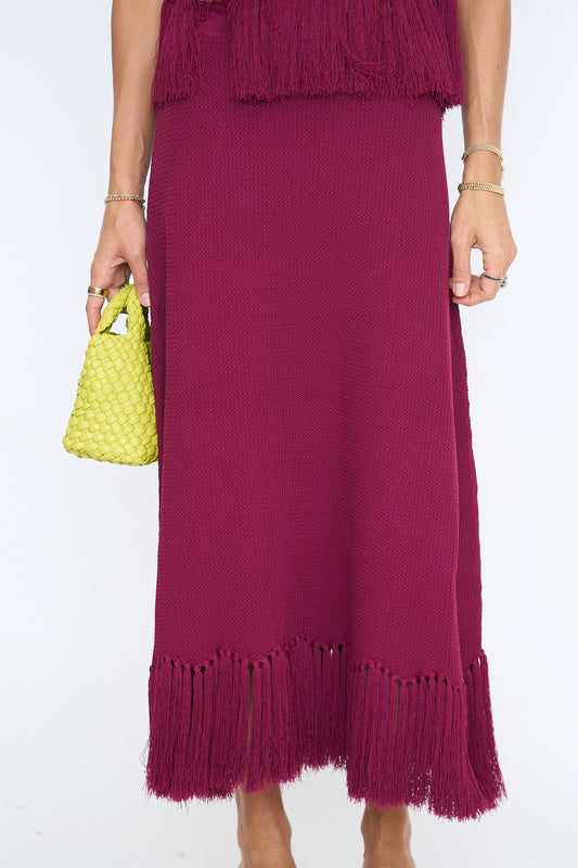 Fringe Hem Knit Midi Skirt