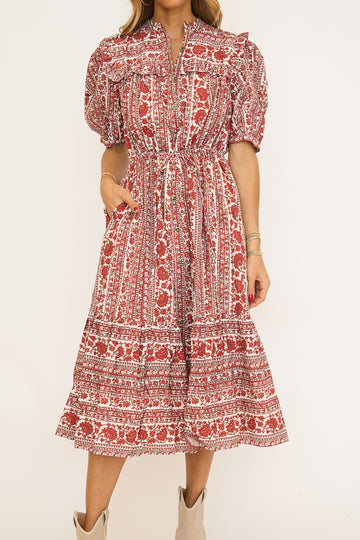 Averie Floral Drawstring Waist Midi Dress