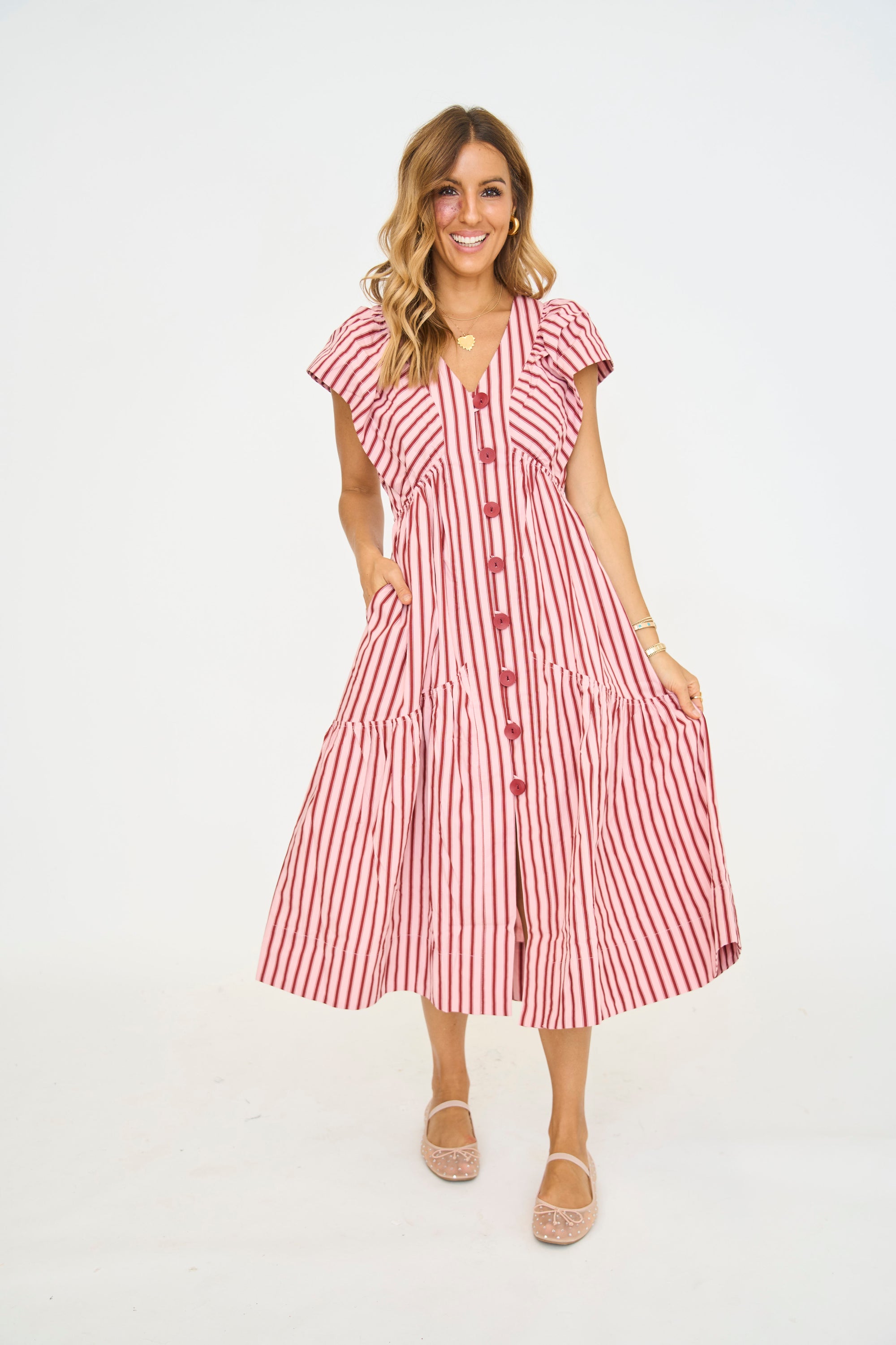 Candy Stripe Vneck Midi Dress