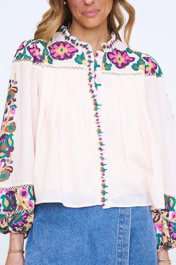 Printed Ruffle Blouse with Ladder Trim