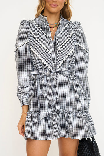 Gingham Ruffle Detail Contrast Trim Mini Dress