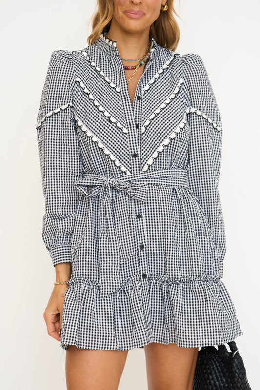 Gingham Ruffle Detail Contrast Trim Mini Dress