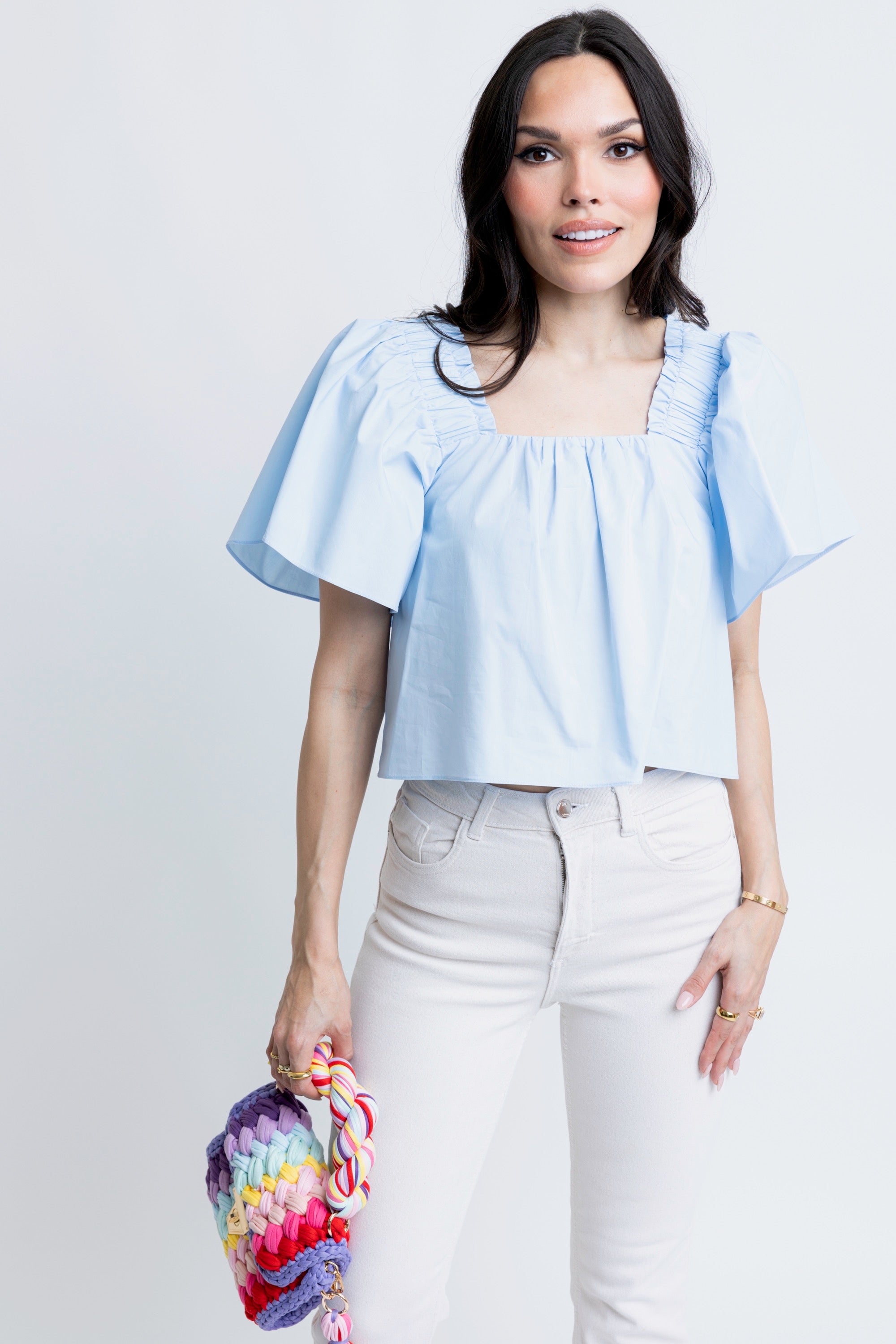 Khloe Poplin Square Neck Top - Baby Blue