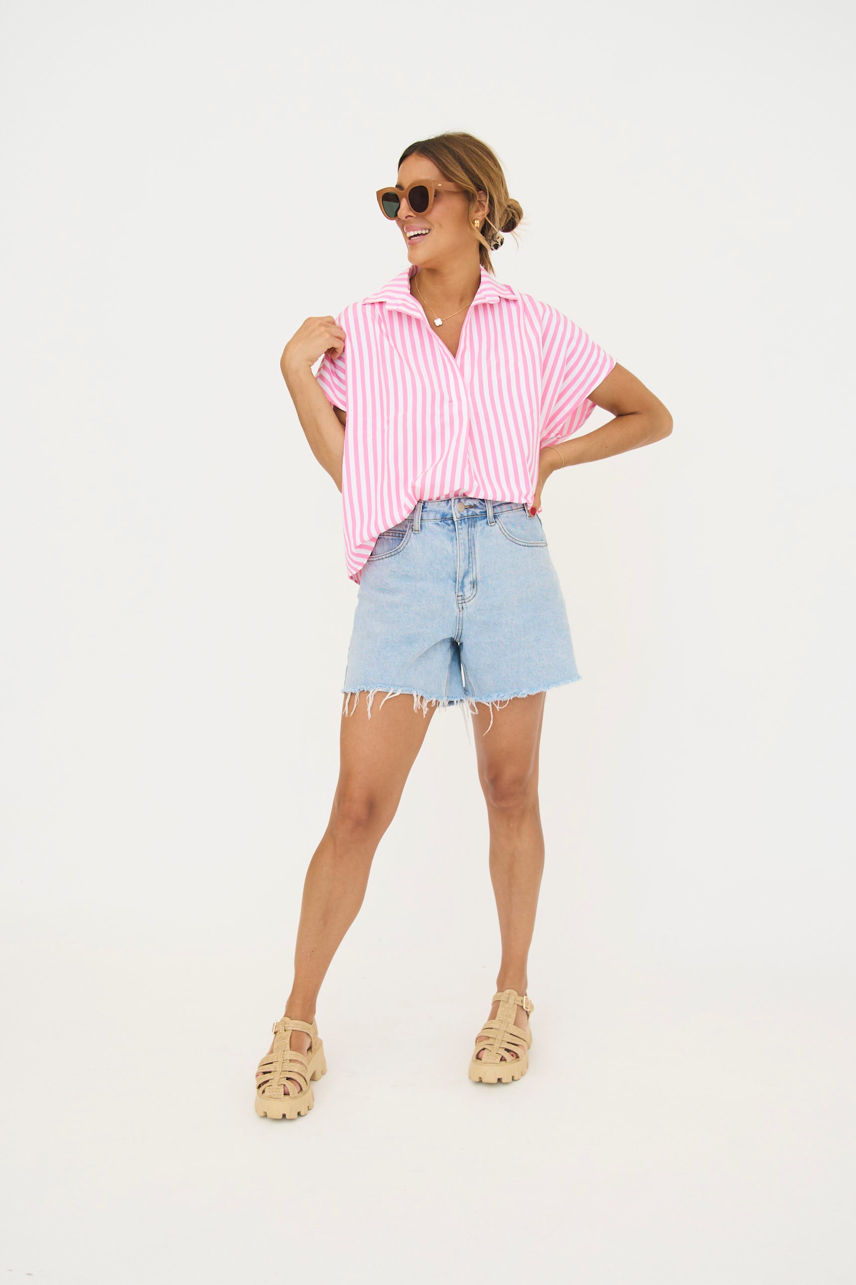 Mandy Stripe Poplin Vneck Top