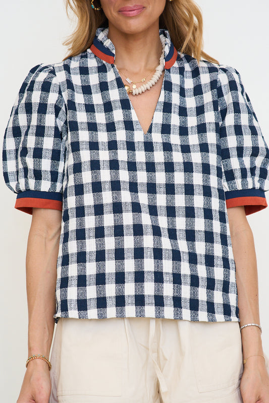 Puff Sleeve Checkered V-Neck Top
