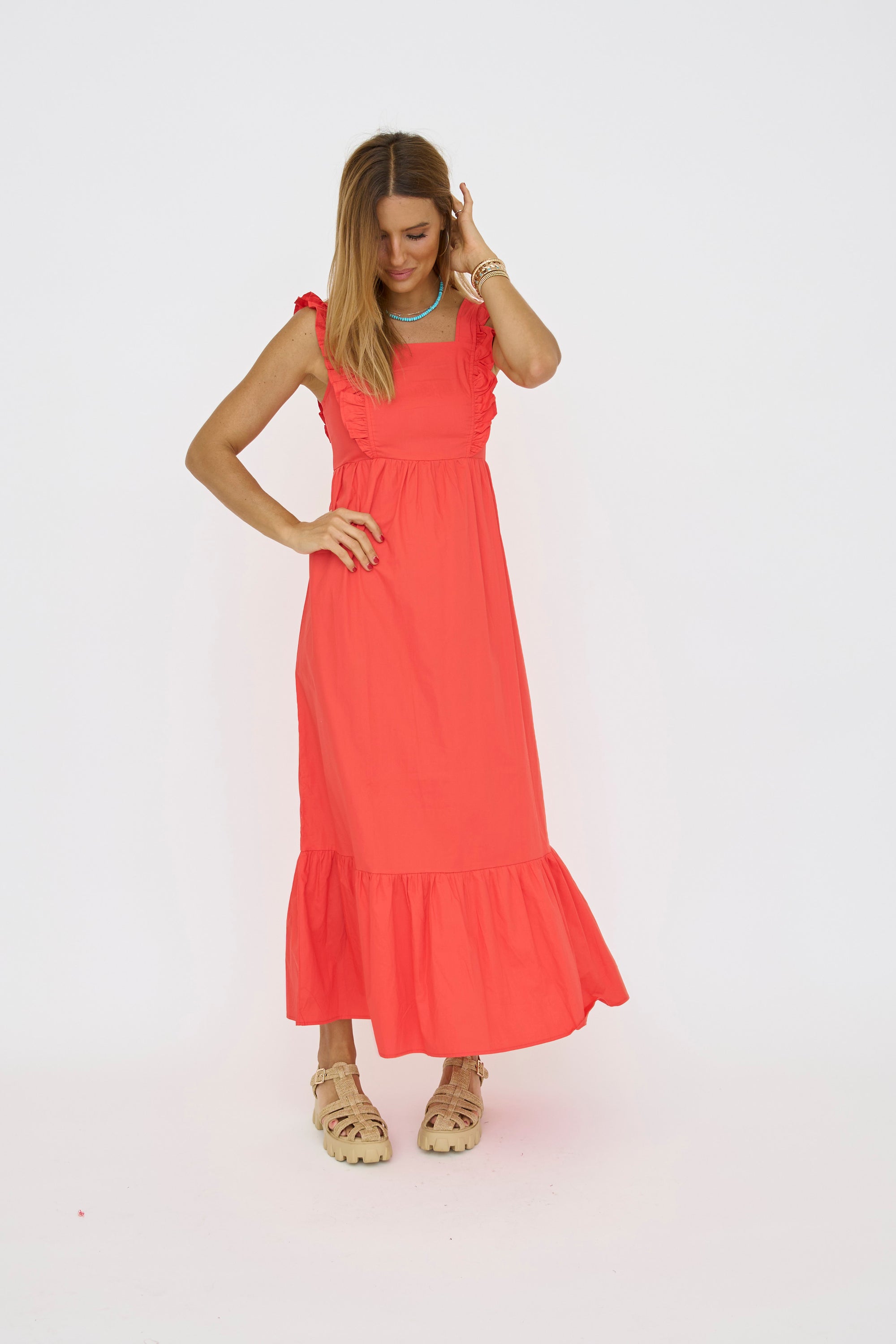 Ruffled Square Neckline Long Dress