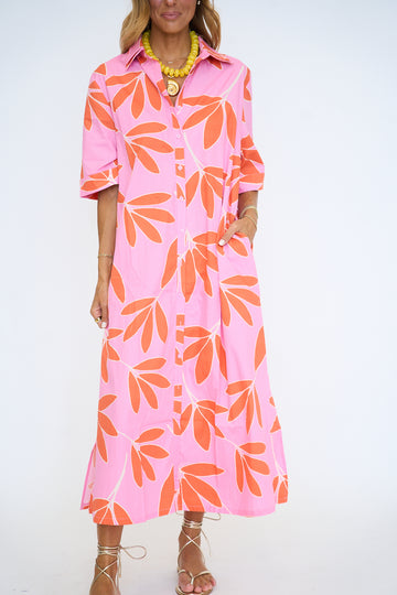 Palm Leaf Floral Maxi Shirt Dress