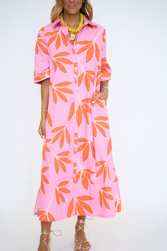 Palm Leaf Floral Maxi Shirt Dress