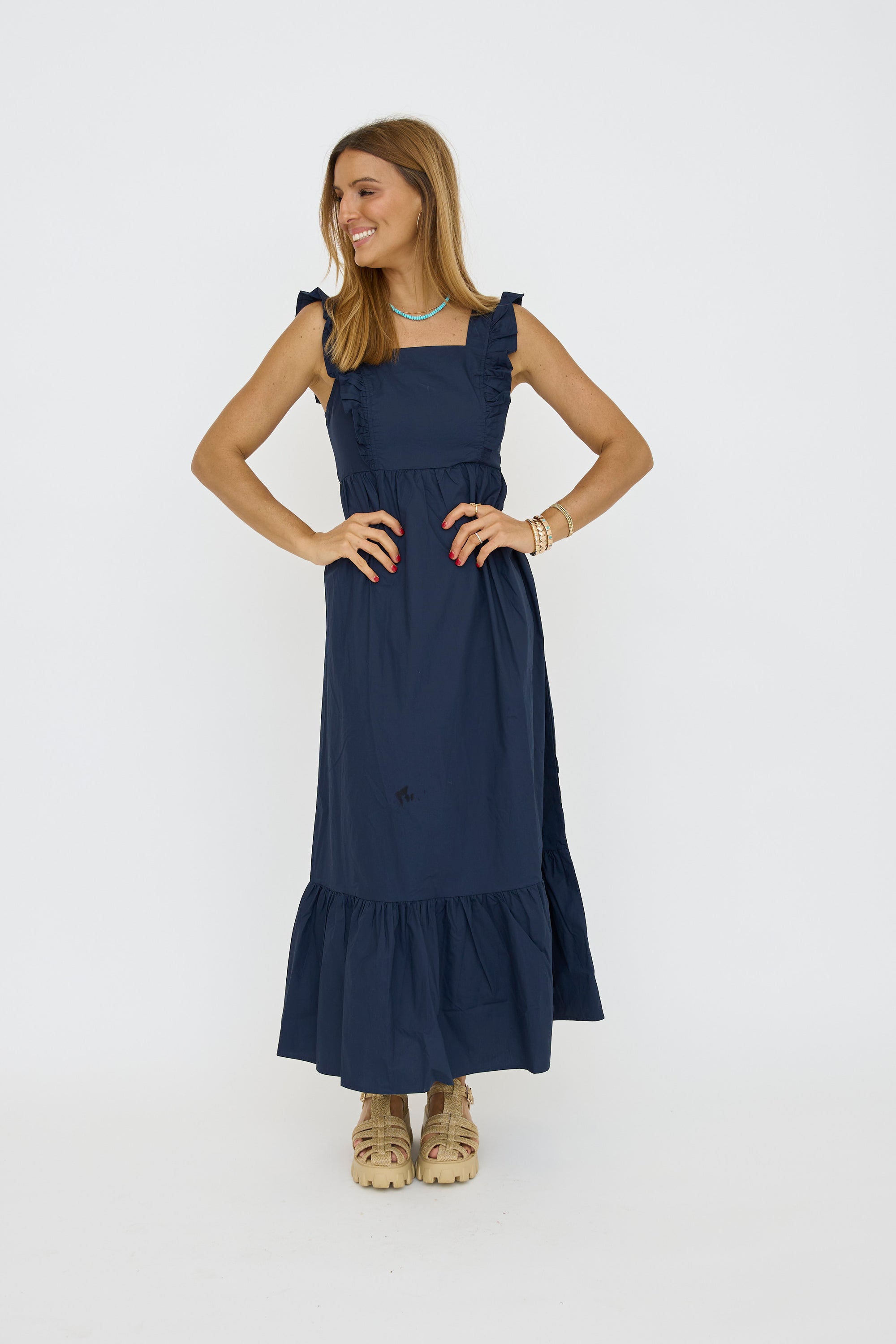 Ruffled Square Neckline Long Dress