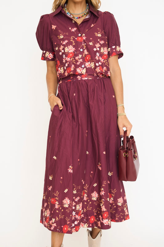 Burgundy Floral Print Skirt Set