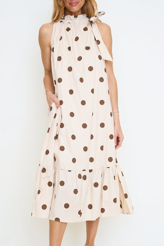Ruffle Neck Tie Sleeveless Midi Dress - Polka Dot