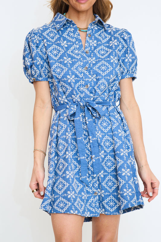 Embroidered Denim Button Down Shirt Dress