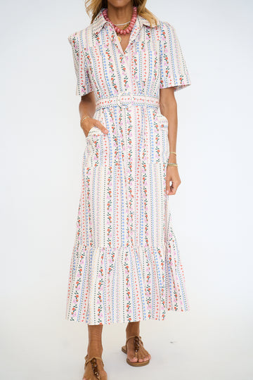 French Multi Floral Pocket Belt Maxi Dress