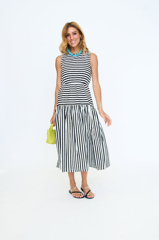 Junie Cotton Blend Gathered Stripe Midi Dress
