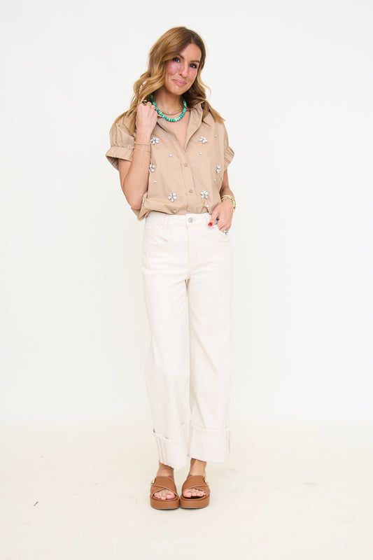 Solid Poplin Jeweled Top