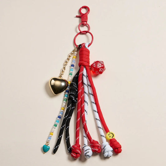 Red Rope Keychain with D20 and Heart Charms