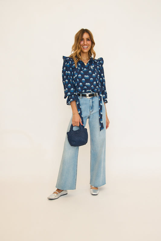 Floral Print Ruffle Yoke Detail Button Down Blouse