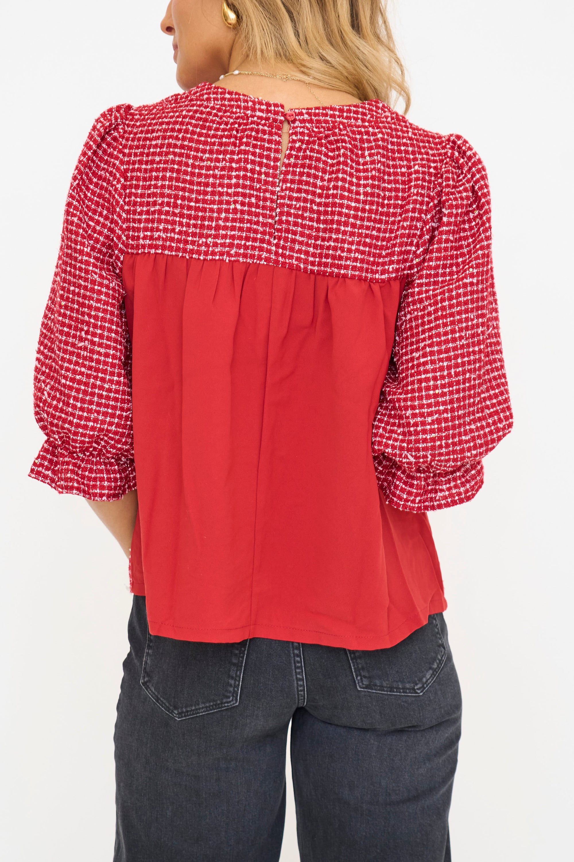 Mixed Textured Tweed/Chiffon Woven Top