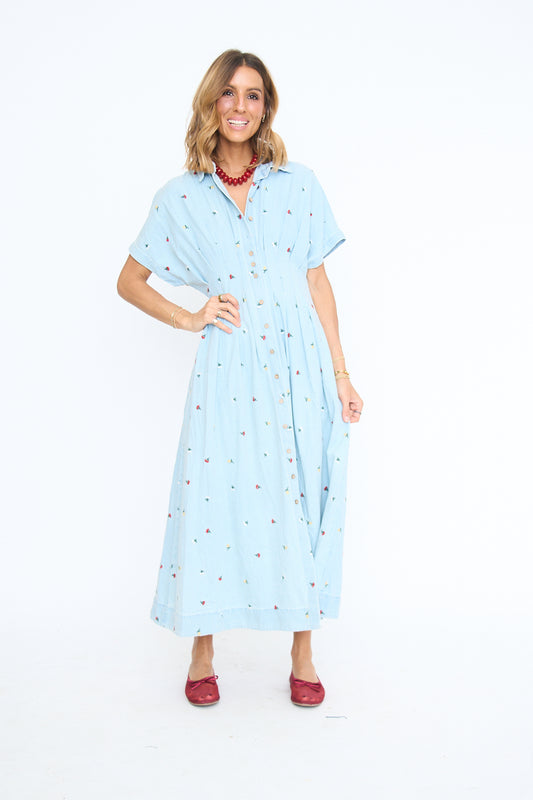 Denim Floral Embroidered Maxi Dress