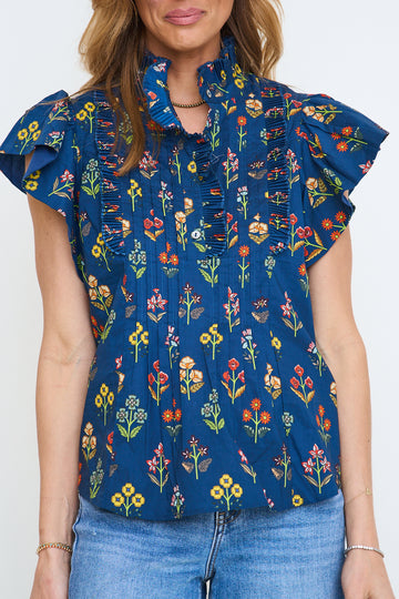 Navy Pintuck Floral Ruffle Blouse