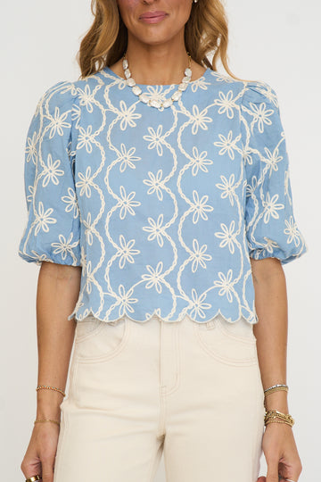 Embroidered Puff Sleeve Scallop Top