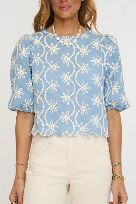 Embroidered Puff Sleeve Scallop Top