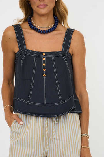 Navy Stitch Detailed Sleeveless Top