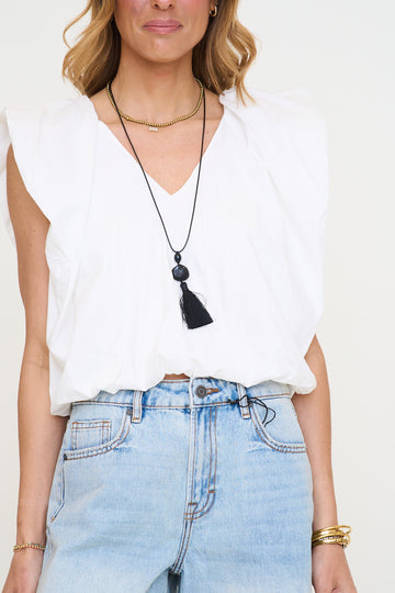 Solid Poplin V-Neck Bubble Top in White