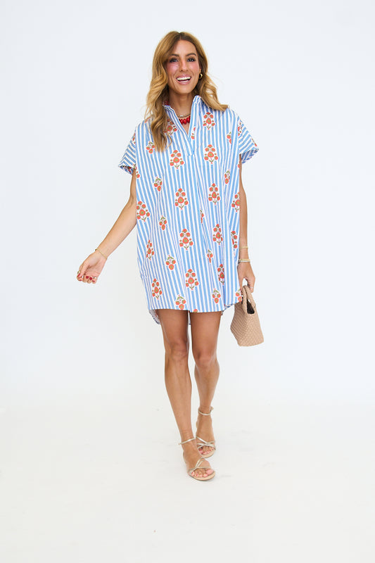 Stripe Floral V-Neck Signature Shirt Dress