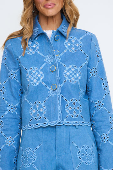 Embroidered Scalloped Trim Button Up Jacket