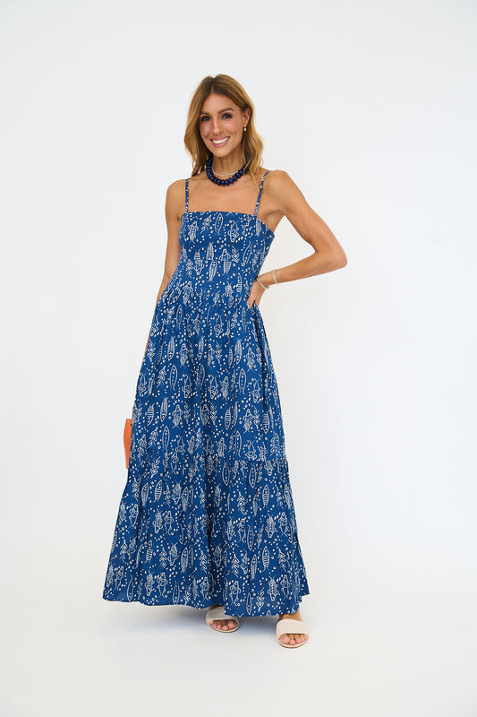 Fish Print Tiered Maxi Dress