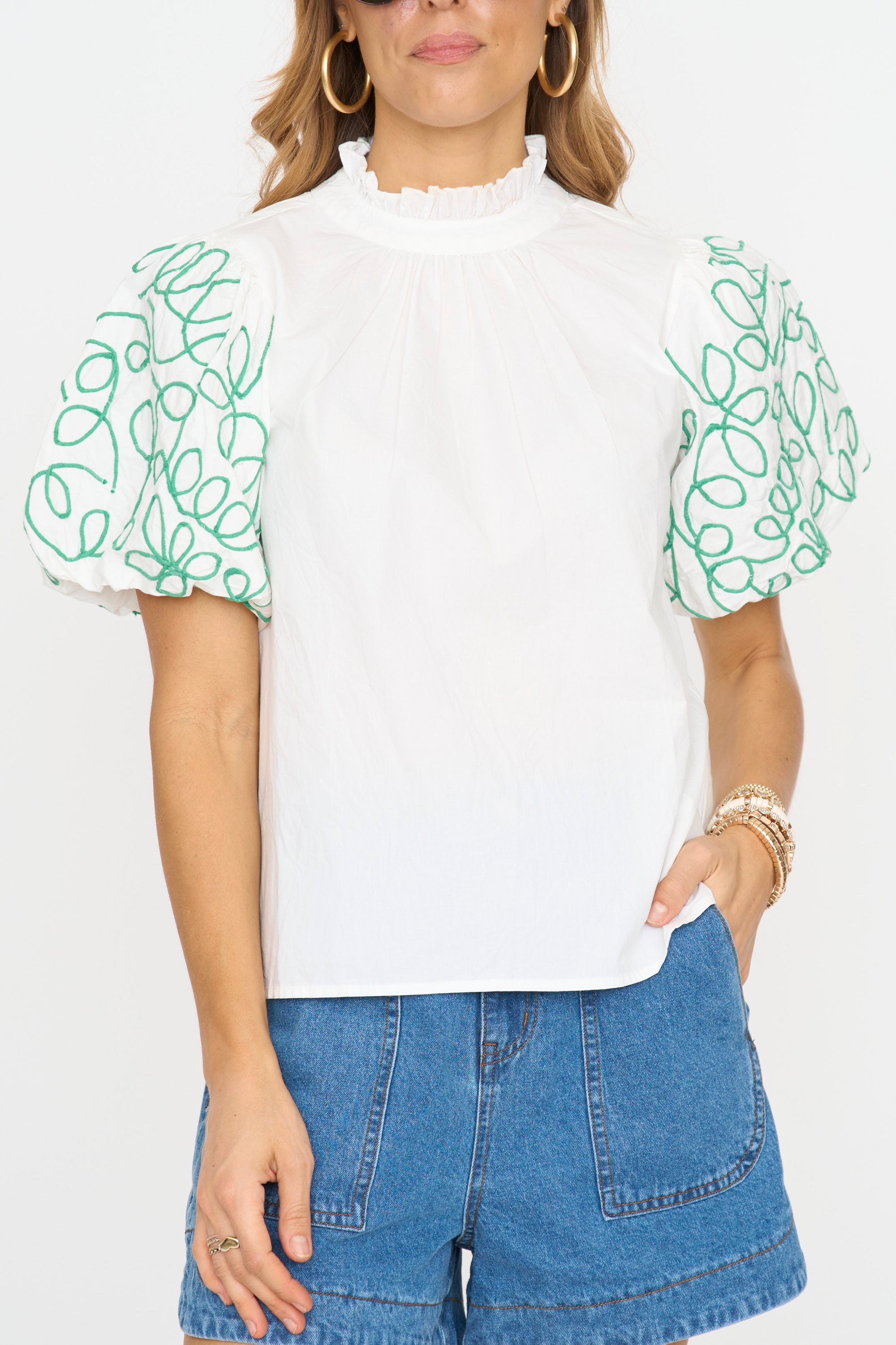 Embroidered White and Green Puff Sleeve Top