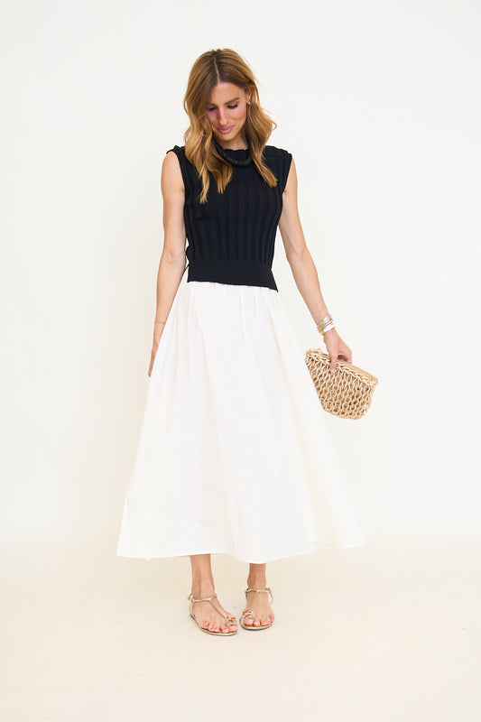 Boat Neck Knit Bodice Top Mixed Media Midi Dress