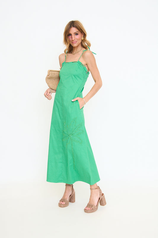Hattie Beaded Stretch Cotton Blend Maxi Sundress