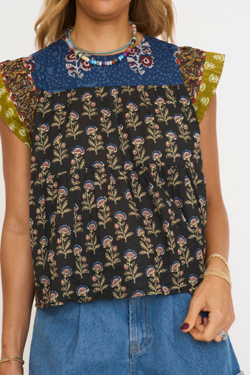 Mixed Print Flutter Sleeve Top