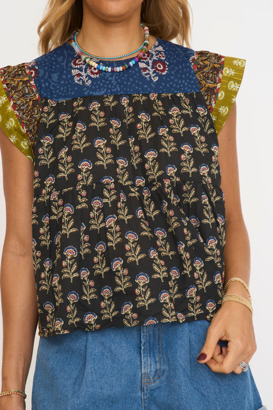 Mixed Print Flutter Sleeve Top