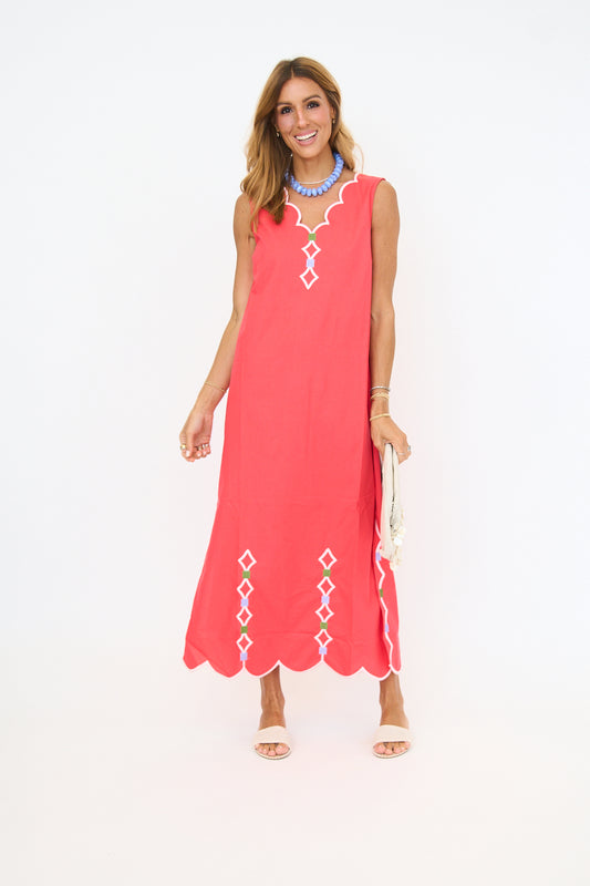 Embroidered V-Neck Scallop Dress