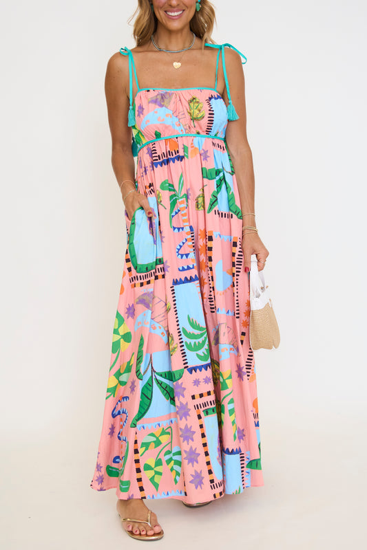 Watermelon Retro Tropical Print Cotton Maxi Dress