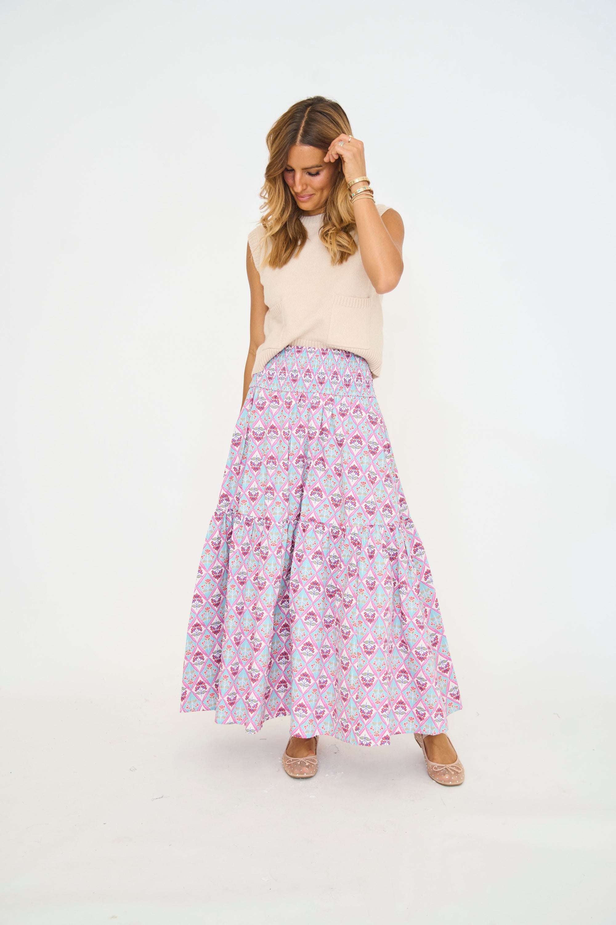 Paris Floral Smock Waist Maxi Skirt