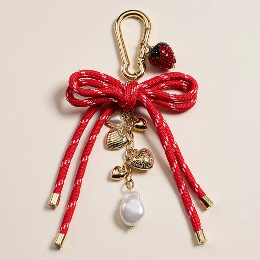 Strawberry Heart Charm Keychain with Bow