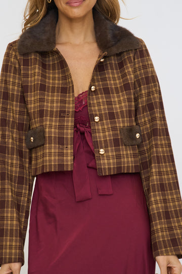 Faux Fur Trim Plaid Cropped Jacket