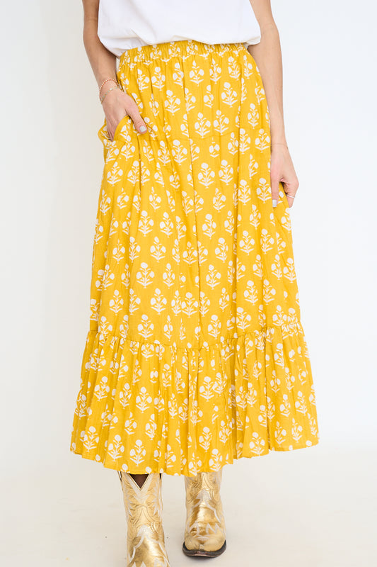 Golden Yellow Block Print Maxi Skirt