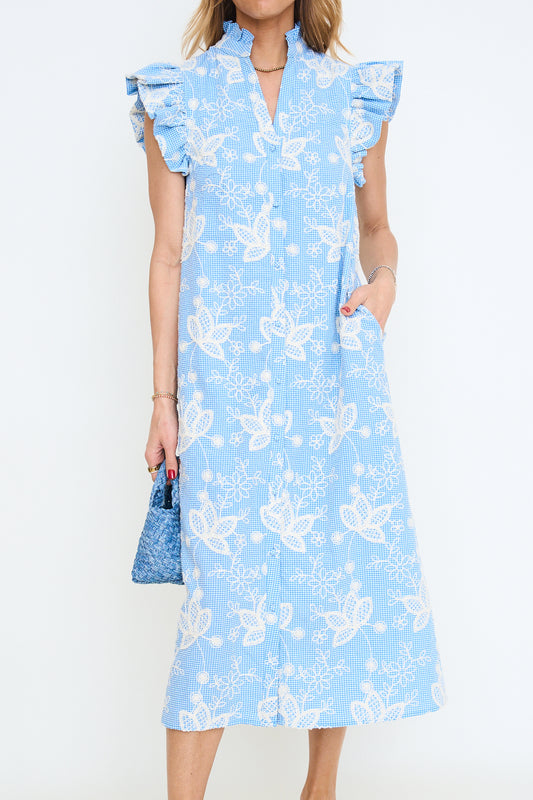Floral Embroidered Gingham Print Midi Dress