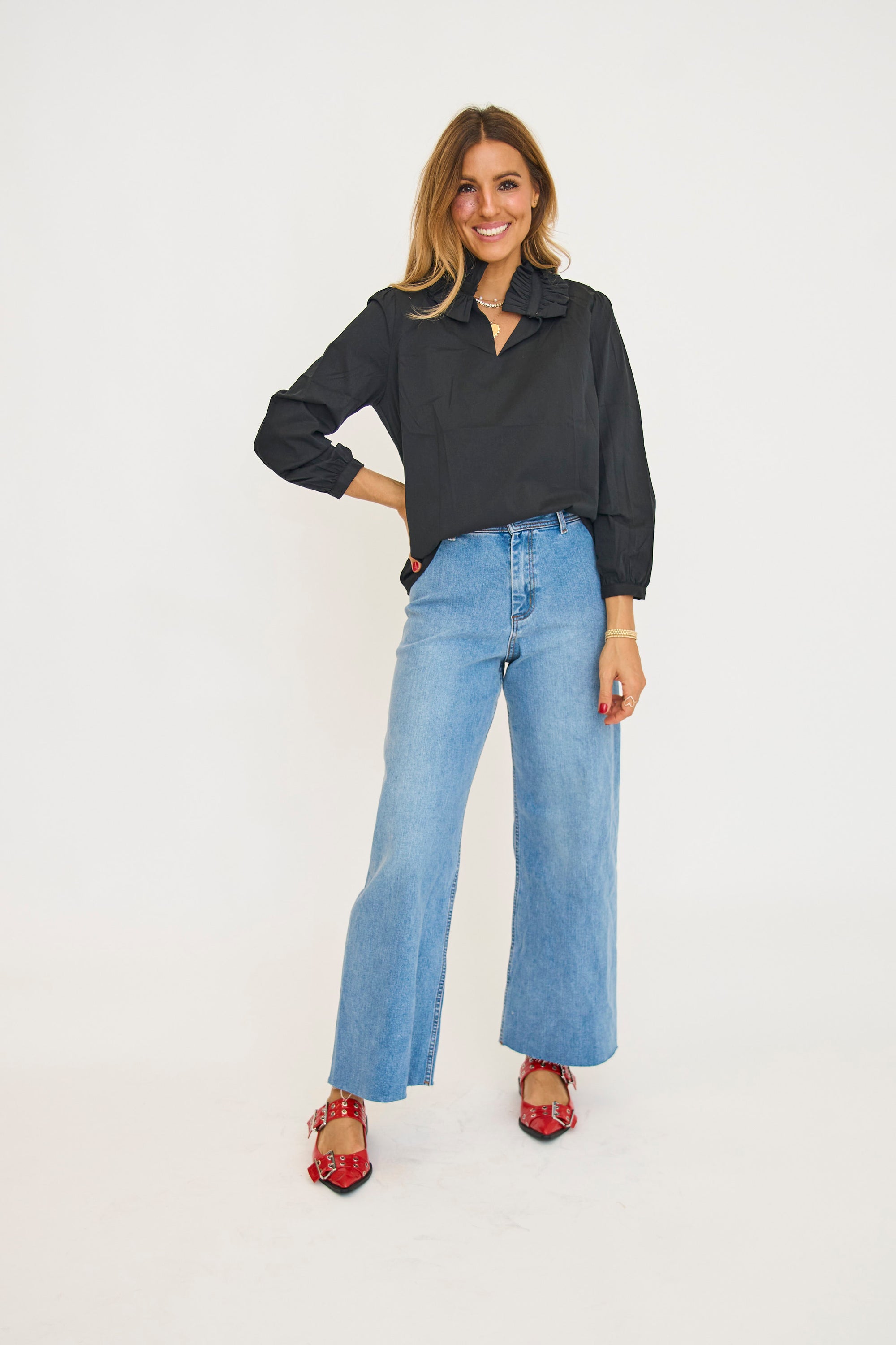 Solid Black Poplin Vneck Blouse