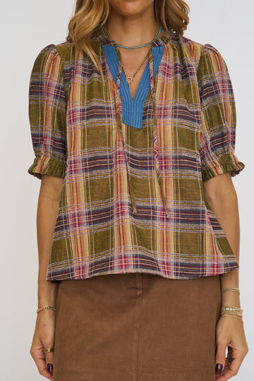 Plaid Puff Sleeve Contrast Neck Top