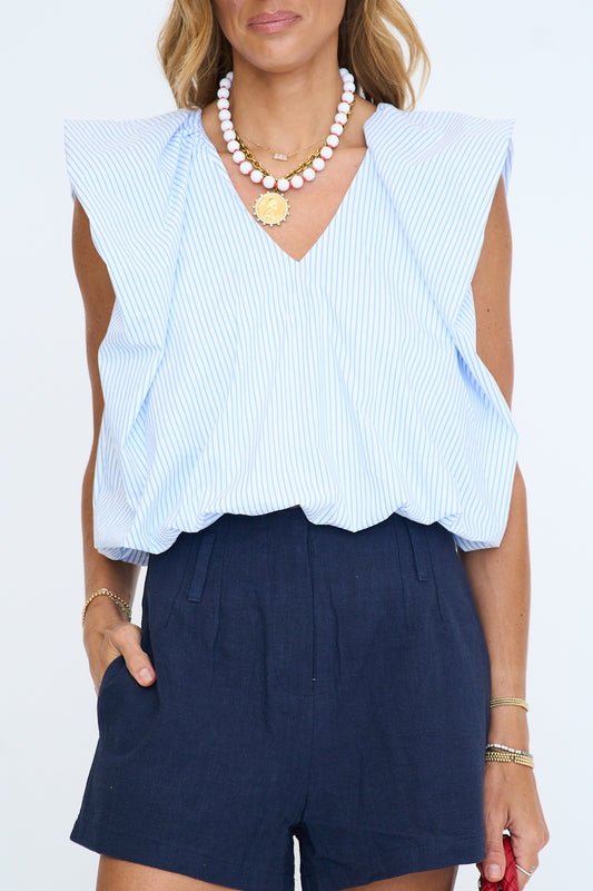 Stripe V-Neck Poplin Bubble Top