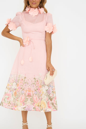 3D Floral High Neck Short Sleeve Midi Dress