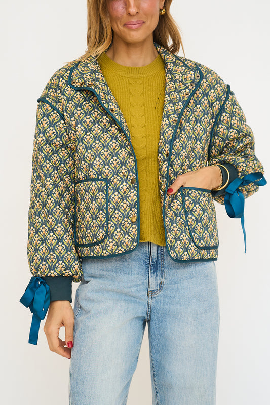 Floral Quilted Jacket with Ribbon Sleeve Detail