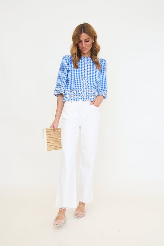 Short Sleeve Gingham Embroidery Detail Top