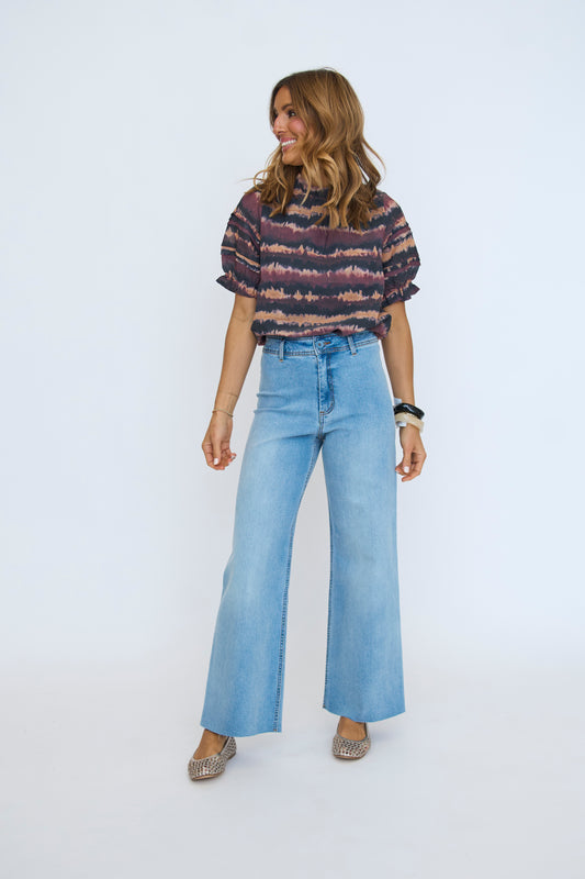 Pleated Puff Sleeve Tie Dye Top